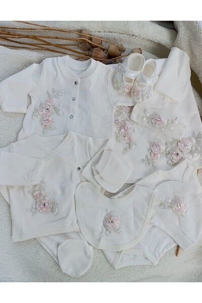 Bilge Trend 11 Pieces Flower Embroidered Luxury Newborn Hospital Release White