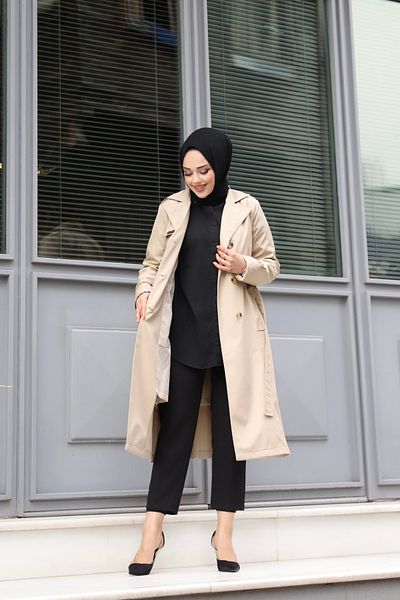 PİNK FLY A Line Women's Hijab Trench Coat - Double Breasted Collar and Lined, Cream Color