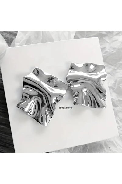 mos&more Gümüş Renk Dörtgen Model Dalgalı Plaka Küpe
