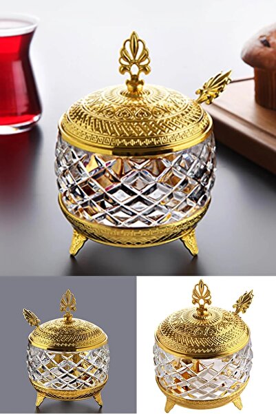 BİTERSE Lüks Otantik Osmanlı Motifli Kaşıklı Cam Şekerlik Gold Renk