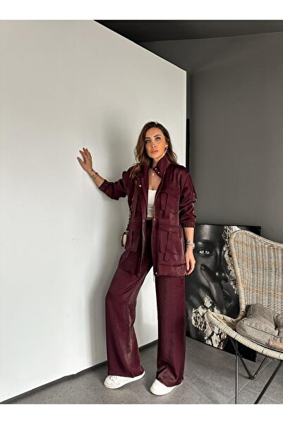 Zerrincan Giyim Bordo Safari Ceketli Parlak Takım