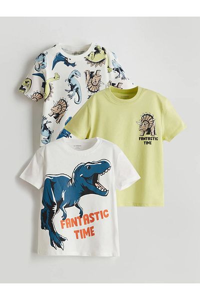 LC Waikiki Lcw Kids Ecru Crew Neck Dinosaur Printed Boys T-Shirt 3Pcs