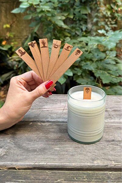 rufus concept Ahşap Düz Model 15mm en x 100mm boy x 0,5mm kalınlık HALLOWEN TEMALI DESEN Mum Fitili + Sehpa (12 Ad