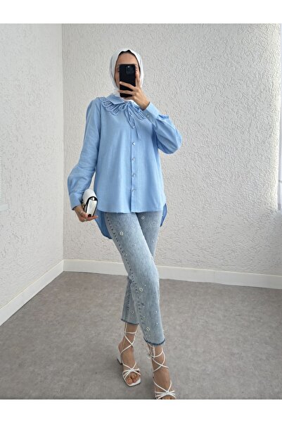 Modamorfo Синя сорочка - комір з деталями та довгими ґудзиками ззаду