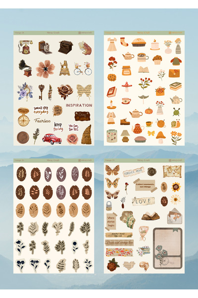MirayDesign 12'Lİ VİNTAGE TEMALI 12*17 CM STİCKER SETİ/SCRAPBOOK BULLET JOURNAL AJANDA PLANLAYICI İÇİN