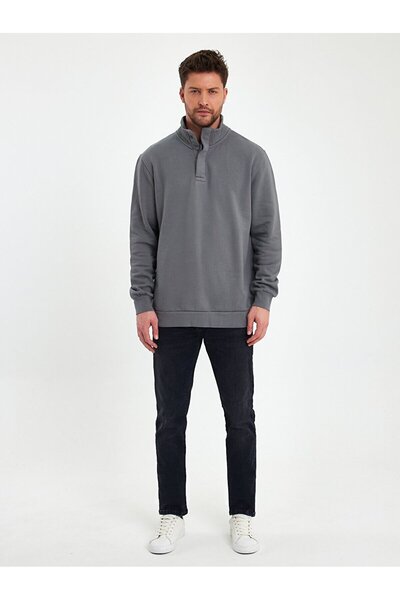 Ltb Yakası Yarım Düğmeli Koyu Grı Sweatshırt