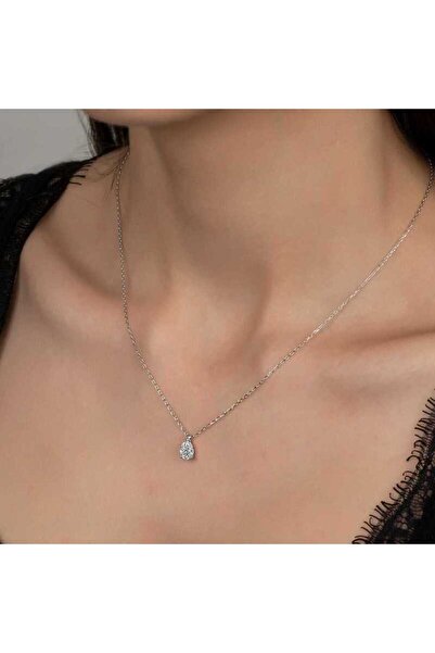 Gumush Taşlı Gümüş Damla Tektaş Bayan Kolye Mrkfn-pt11002252
