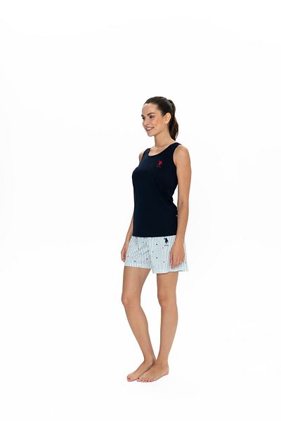 U.S. Polo Assn. Costum pentru femei 100% bumbac cu licență USPA cu pantaloni scurți - bleumarin, fără mâneci