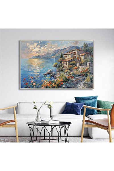 Tablosan Yağlı Boya Dokulu Tablo Modern Spatula Akdeniz Evleri Manzarası Gümü...