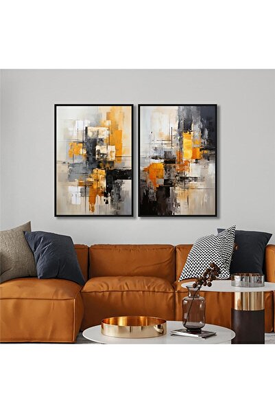 Tablosan Yağlı Boya Dokulu Tablo Siyah Beyaz Kahve Soyut Ikili Set Siyah Çerç...