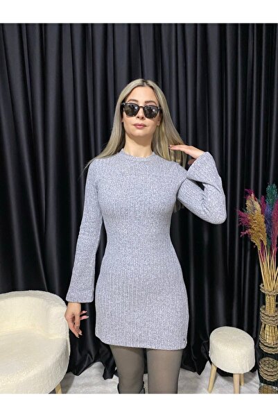 BASIC.ES Kadın Gri Yumuşak Dokulu İspanyol Kol Elbise
