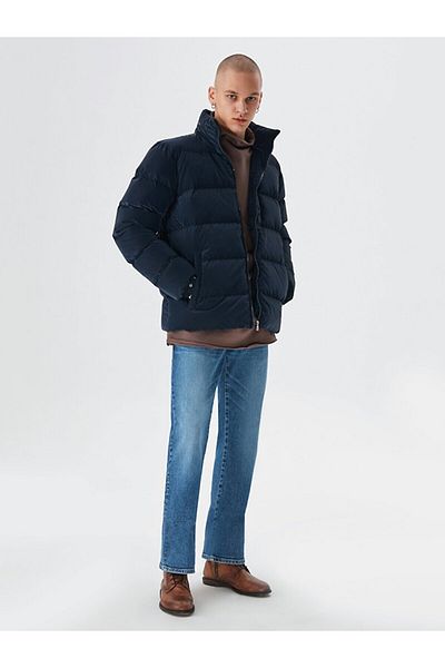 Ltb Navy Blue Coat with High Collar and Pockets
