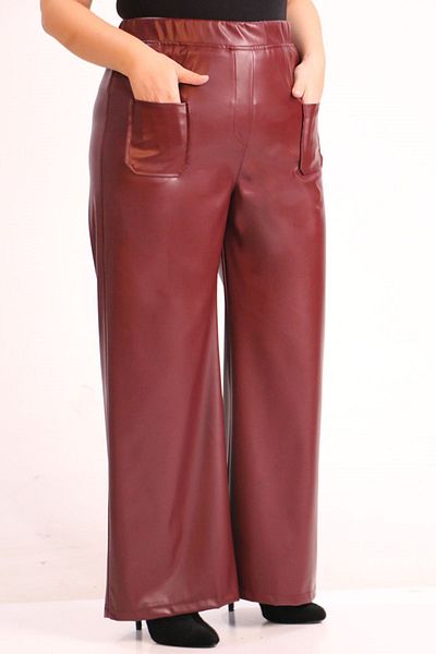 Eslina 39050 Large Size Wide Leg Leather Trousers-Burgundy