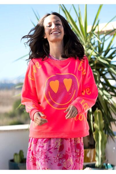 satya SMILEY FACE STRASS VE LOVE BASKILI NEON PEMBE SWEATSHIRT