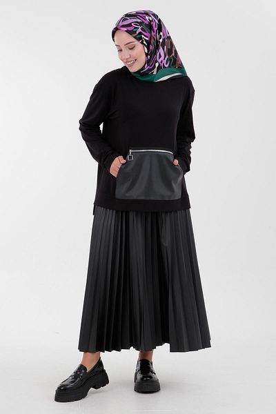 Armine Leather Zippered Pocket Skirt Set - Black