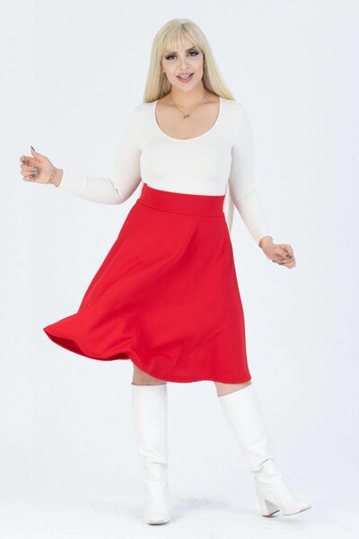 Mooi XXL تنورة نسائية حمراء عالية الخصر من الكريب المرن