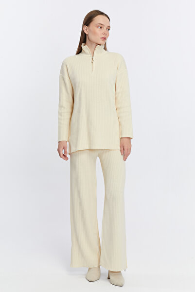 CNR TEKSTİL Γυναικείο γιακά με ραβδώσεις, Σχισμές στα πόδια με φερμουάρ, Πλεκτό κοστούμι με φερμουάρ στο πλάι