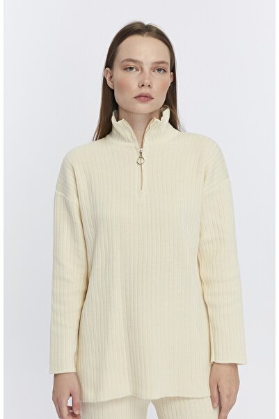 CNR TEKSTİL Γυναικείο γιακά με ραβδώσεις, Σχισμές στα πόδια με φερμουάρ, Πλεκτό κοστούμι με φερμουάρ στο πλάι