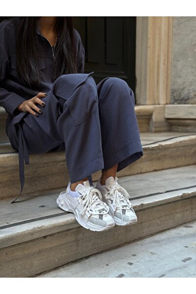 NİŞANTAŞI SHOES Oslo fehér matt csipke részletes, vastag talpú női sportcipő