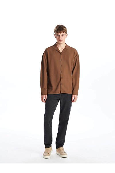 LC Waikiki Ανδρικό πουκάμισο με υφή Lcw Casual καφέ κανονική εφαρμογή με μακρύ μανίκι