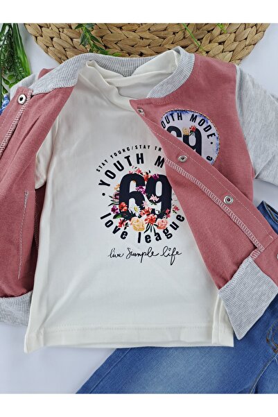 Butik Kız Çocuk Kot Pantolonlu Yelek Tişort Üçlü Takım Likralı Kot 2 İplik Şardonsuz Mevsimlik Kolej Ceket