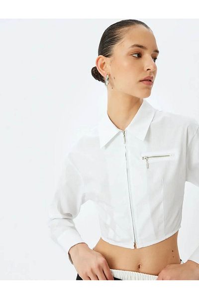 Koton Slim Fit Long Sleeve Classic Lapel Crop Zip-Up White Women's Shirt 5Sak60136Pw