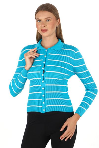 Butik Zeyoo Collection Striped Trophy Polo Collar Seasonal Women's Cotton Cardigan