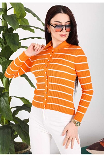 Butik Zeyoo Collection Striped Trophy Polo Collar Seasonal Women's Cotton Car...