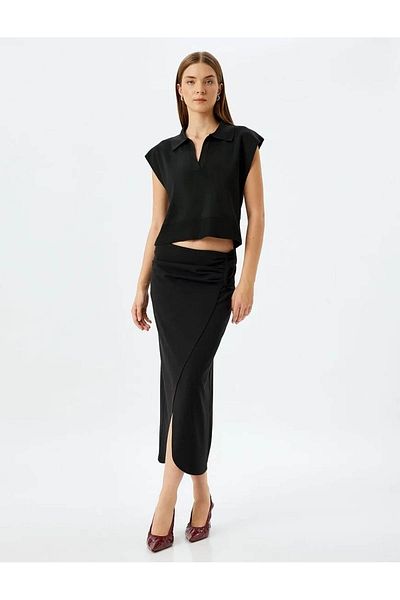 Koton Slim Fit Drapeli Lungime Midi Asimetrică Dublu Bretele Fusta Neagră pentru Femei 5sak10037ek