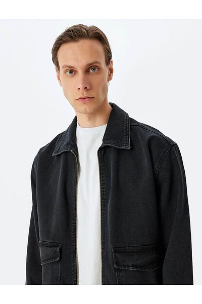 Koton Cotton Cap Pocket Detailed Zippered Denim Jacket