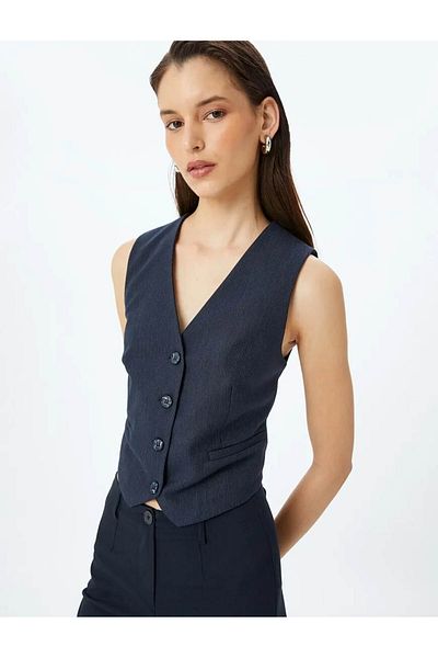 Koton Button Detailed V-Neck Navy Blue Women's Vest 5Sak20003Uw