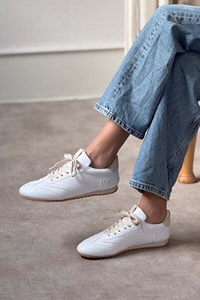 NİŞANTAŞI SHOES Helen White Matte Flat Sole Women's Lace-Up Sneakers