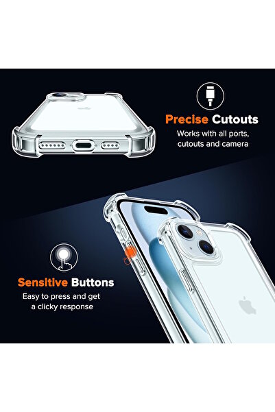 m.tk moveteck İphone 15 Uyumlu Kılıf Köşe Korumalı Darbeye Dayanıklı Antişok Şeffaf Silikon Sert Kapak