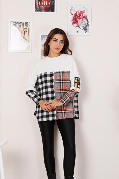 -lsk Beyaz Ekose Detaylı Sweatshirt