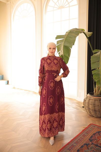 Zaure Women's Hijab Authentic Patterned Belted Viscose Dress