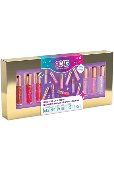 3C4G THREE CHEERS FOR GIRLS Lip Gloss Baby Toy 10-Piece Pack, Pink and Gold