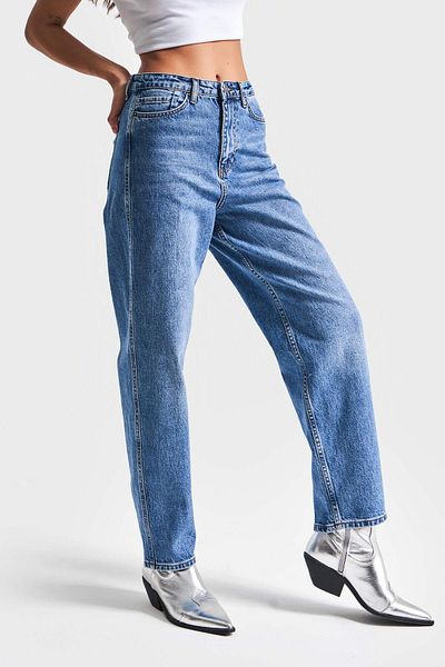 its basic Blugi de damă de culoare albastră 2S5-4 Relax Fit 100% bumbac cu talie înaltă