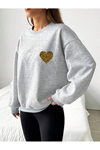 LEOPAR kalp baskılı oversize pamuklu bisiklet yaka (CASUAL/GÜNLÜK ) giyim sweatshirt 4070788541311