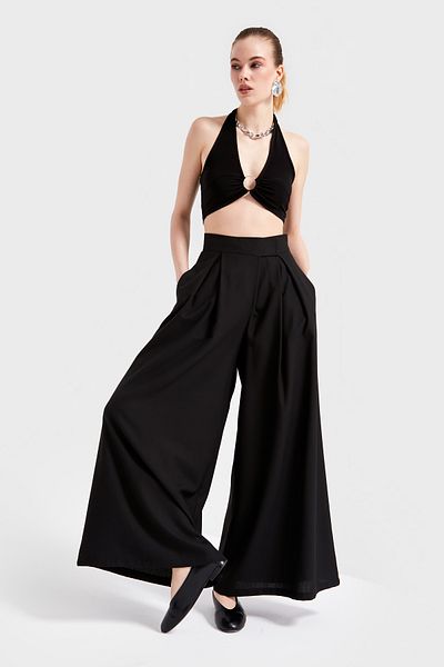 its basic Women's Black Color S5-1 Woven Fabric Super Palazzo Relaxed Fit Fabric Pants
