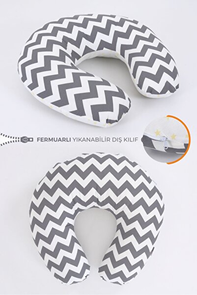 Umaybebek Emzirme Yastığı Minderi, Pamuk Kumaş - Gri Zikzak