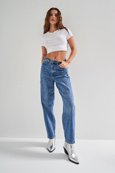 its basic Blugi de damă de culoare albastră 2S5-4 Relax Fit 100% bumbac cu talie înaltă