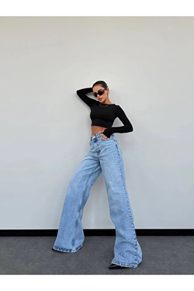 Bigowl Γυναικείο ψηλόμεσο φαρδύ τζιν Snow Wash Blue Palazzo Jeans