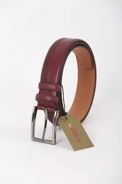 KASVA DERİ Men's Claret Red Patterned Leather Belt 3.5 cm