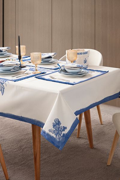 BUGİ HOME COLLECTİON Set de masă și masă pentru sufragerie Elysian Blue - lenjerie de rață, 6 servicii americane, 6 șervețele din material textil