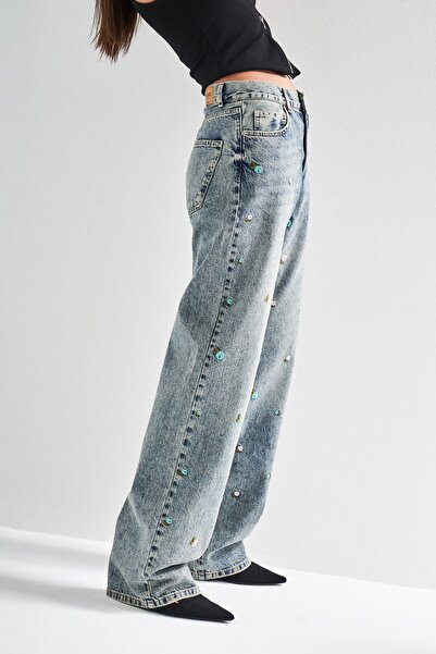 its basic Kadın Kot Rengi 4S5-65 Çiçek Nakışlı Loose Fit Orta Bel %100 Koton Denim Jean