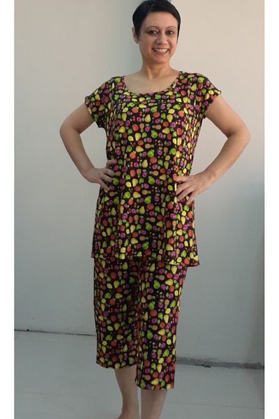 Mertcan Butik Fruit Print Six Pockets Capri Top Low Sleeve Combed Cotton Viscose Bottom Top Casual Set