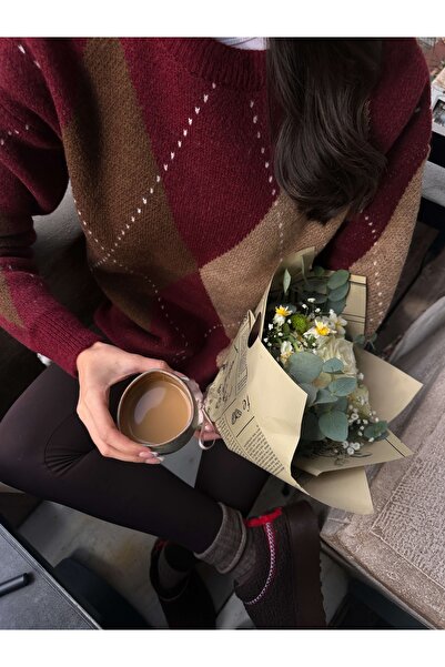 ESRAHELVACI Burgundy Brown Diamond Patterned Sweater