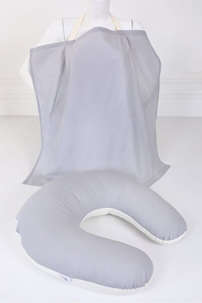 Umaybebek Emzirme Yastığı, Emzirme Önlüğü Set - Pamuklu Kumaş - Gri Krem