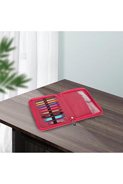 OZN AKSESUAR çantalı şiş seti, örgü kiti misinalı fuşya çantalı