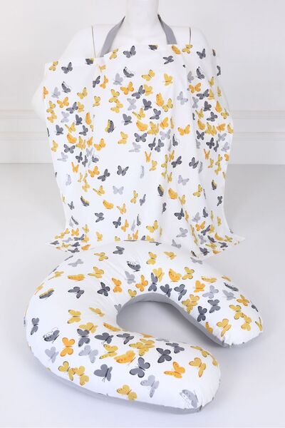 Umaybebek Emzirme Yastığı, Emzirme Önlüğü Set - Pamuklu Kumaş - Sarı Gri Kelebek